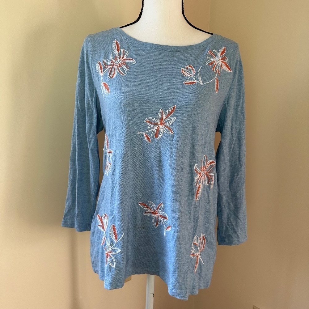 *TALBOTS* Blue x Orange Floral Fashion Long Sleeve Top Size Medium